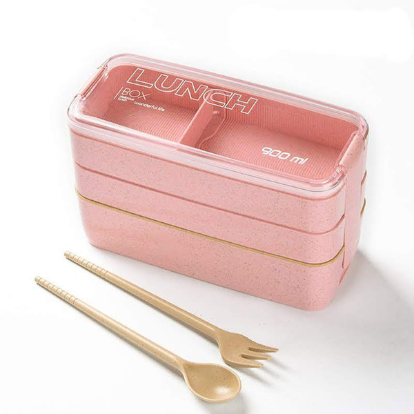 900ml Eco-Friendly 3-Layer Microwavable Lunchbox with Cutlery
