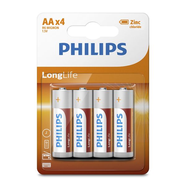 Philips - Longlife Zinc AA Batteries 1.5V 4 Pack