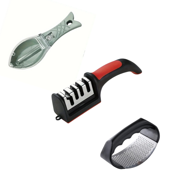 3-Piece Kitchen Utensil Tool Set - Sharpener, Fish Scaler &amp; Garlic Press