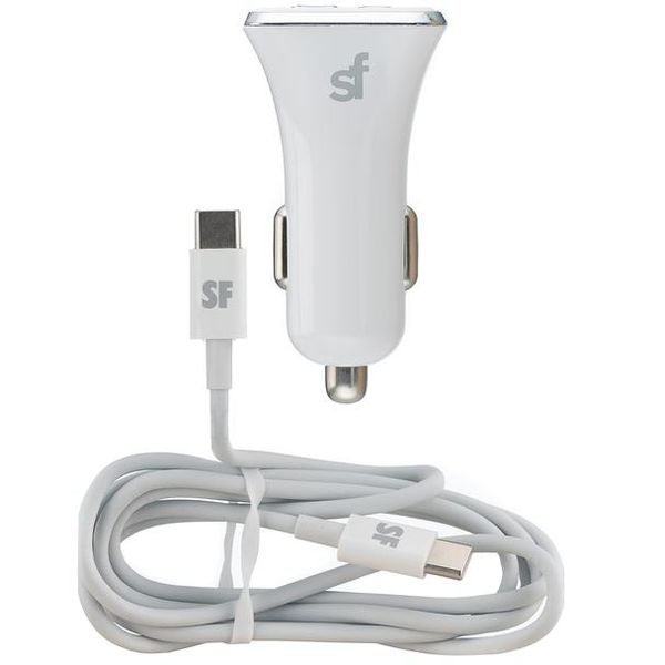 38W Dual USB PD and QC Car Charger with Type C Cable - White