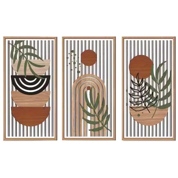 Decor 2D Flat Large Natural Wood &amp; Leaf Design Wall Art 3pcs - 40cm