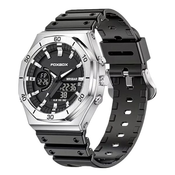 FOXBOX - Men's Watch With Dual Display and LED Luminous Feature - Silver