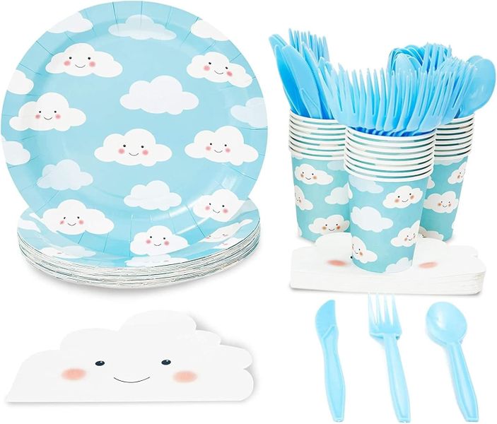 Topika -144 Piece Paper Party Plates, Cups, Napkins and Cutlery Set Clouds Theme