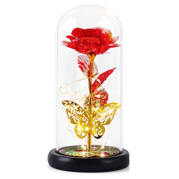 Volamor - 22cm Rose in Glass with Gold LED Light and Wooden Base - Red
