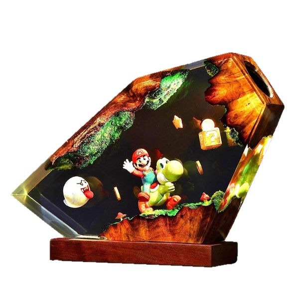 ZELTRYN Mario Yoshi Resin Wood Diorama Night Light, Handmade Game Scene