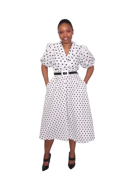 Women's White Polka-Dot Midi Dress