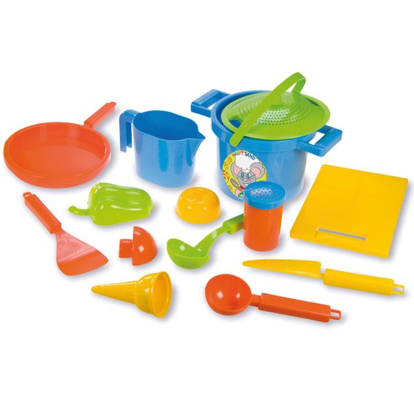 LENA Sandpit Toys Kitchen Set including Sieve, Pan, Moulds Etc - 14 Pieces
