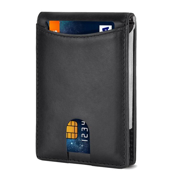 QYNIAL Men's RFID Blocking Slim Leather Wallet with Money Clip