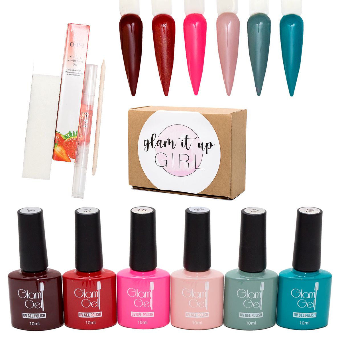 High Quality UV/LED Glam Gel Nail Polish 6 pcs, oil,buffer,stick