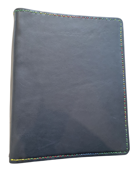 Ring Binder file in Genuine leather with multi colour stitching - Navy Blue