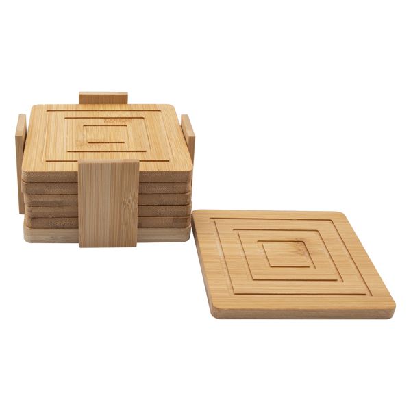 Regent Bamboo Square Coasters with Slots in Holder 6 Piece Set - 100x100x70mm