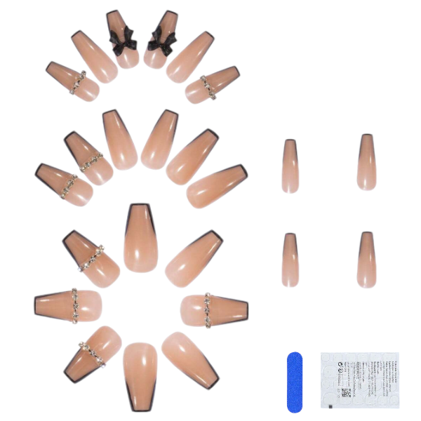 24Piece French Tip Press-On Nail Set with Rhinestone and Bow Accents - Black