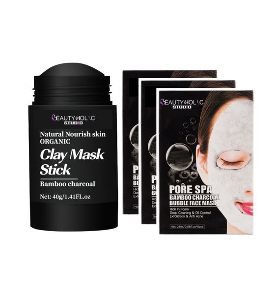 The Beautyholic Bamboo Charcoal Clay Mask Stick &amp; 3 Piece Bubble Face Masks