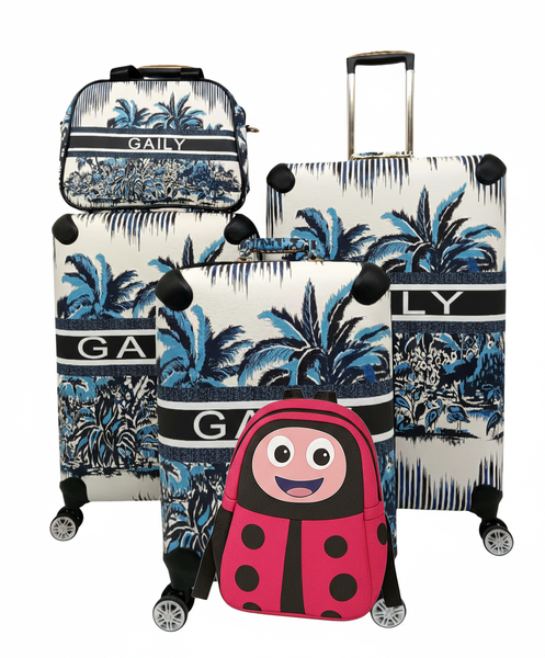 Gaily 4-Piece Tropical Print Luggage Set + Kids Ladybug Travel Backpack