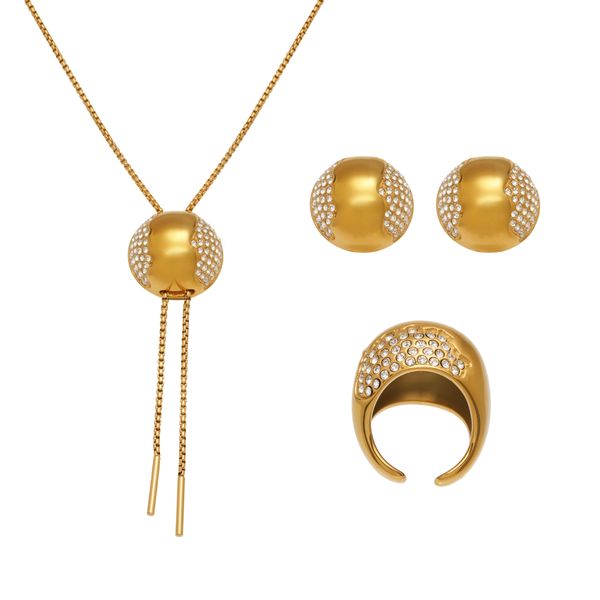 Semicircle Zirconia Jewelry Set - Hollow Ring, Studs &amp; Long Chain