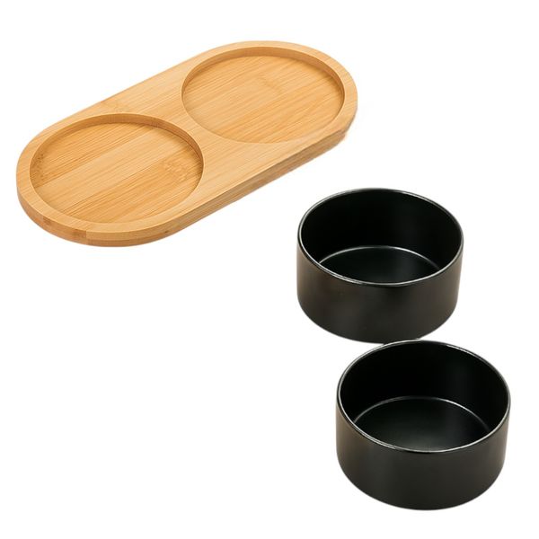 Ceramic Pet Bowls With Eco-Friendly Bamboo Tray