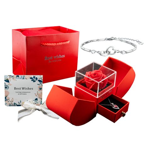 Real Red Rose Preserved with Red Heart Gift Box - Necklace, Bracelet and Card Image