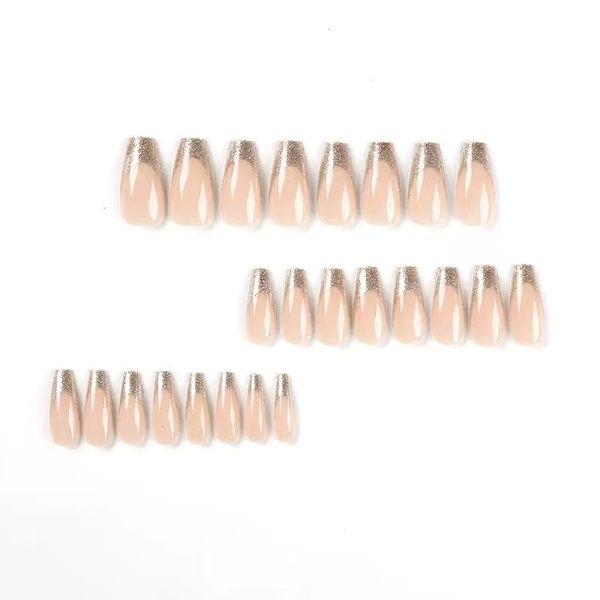 Pink French Manicure With Gold Glitter False Nails