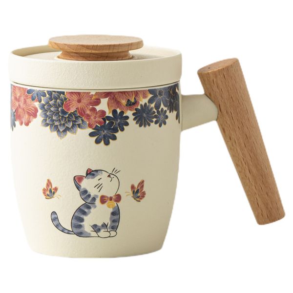 Cat Floral Wooden Handle Tea Mug