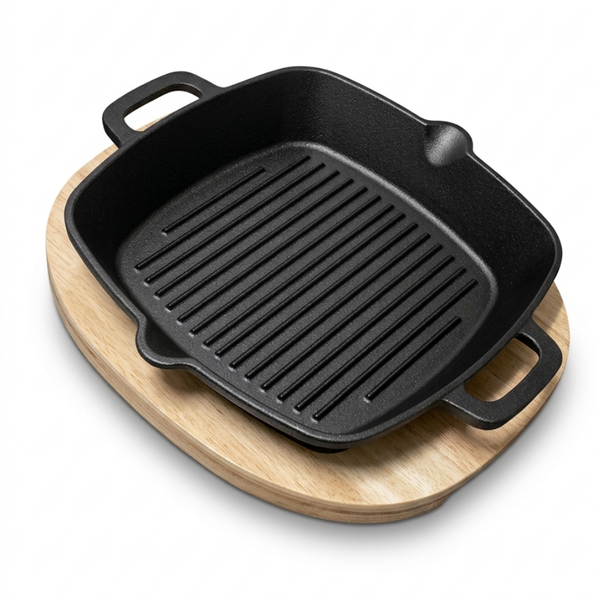 Cast Iron Steak Pan with Wood Tray - Square Grill Skillet (YL-810)