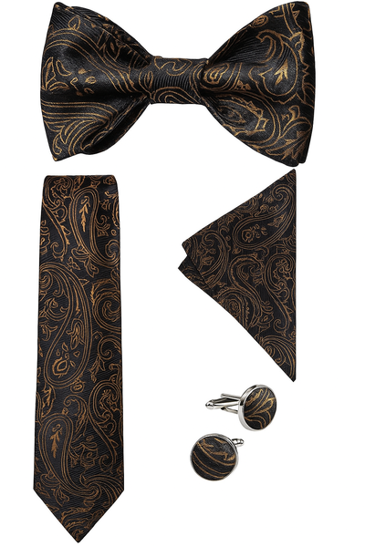 Men's Silk Bow Tie Cufflinks And Pocket Square Set In Black And Gold