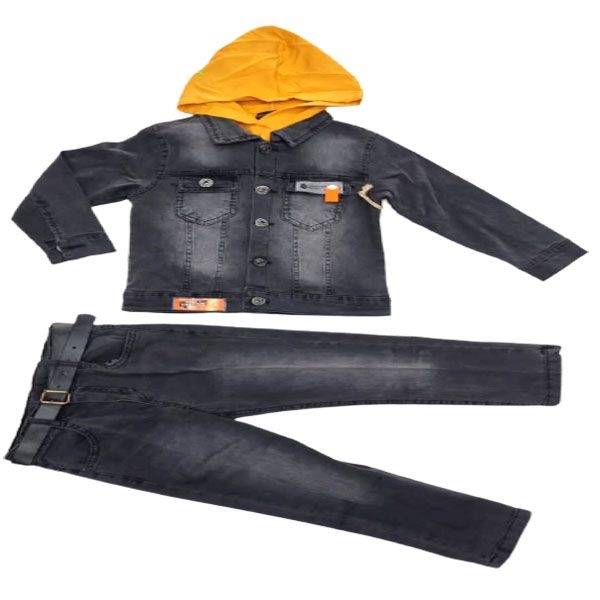 Little People Shop - Grey Denim Jean with Printed Mustard Hoodie Set