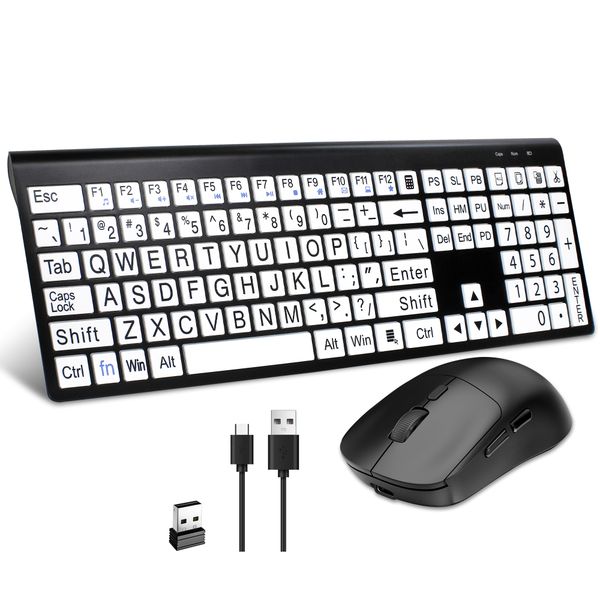 Full Size Wireless Big Letter Keyboard Mouse Set Rechargeable for Seniors
