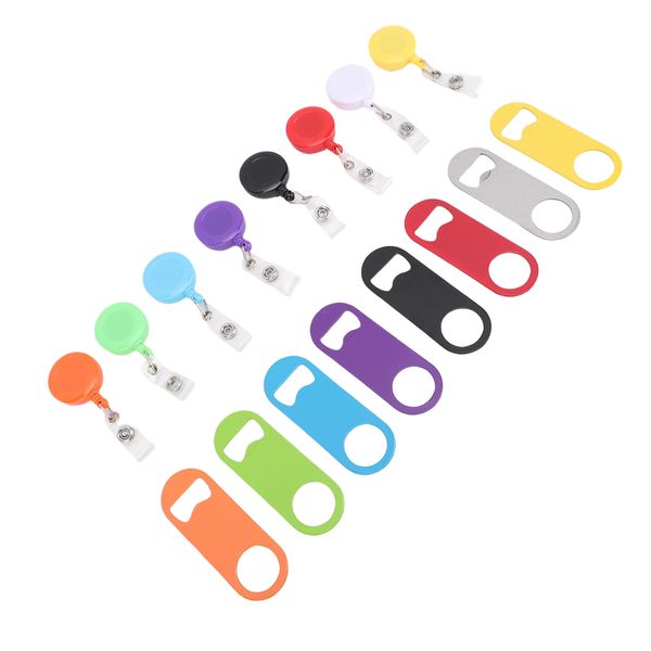 8-piece Retractable Flat Bottle Opener Set With Circular Badge Scroll Clip