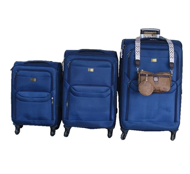 3-Piece Navy Fabric Luggage Set with Spinner Wheels, Side Bag &amp; Strap