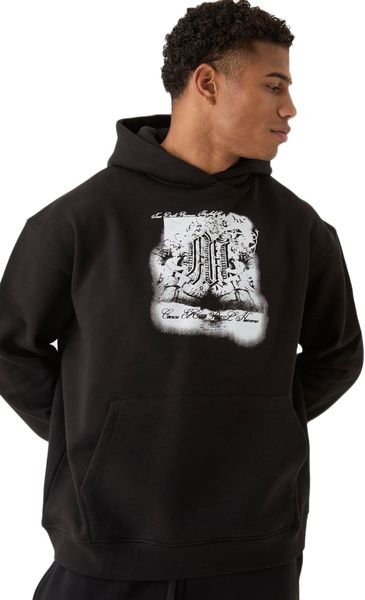 boohooMAN - Men's Hooded Monochrome Floral Print Hoodie - Black