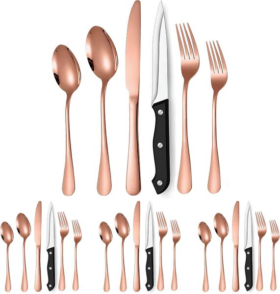 FA PLUS Rose Gold 24P Stainless Steel Flatware Set with Steak Knives