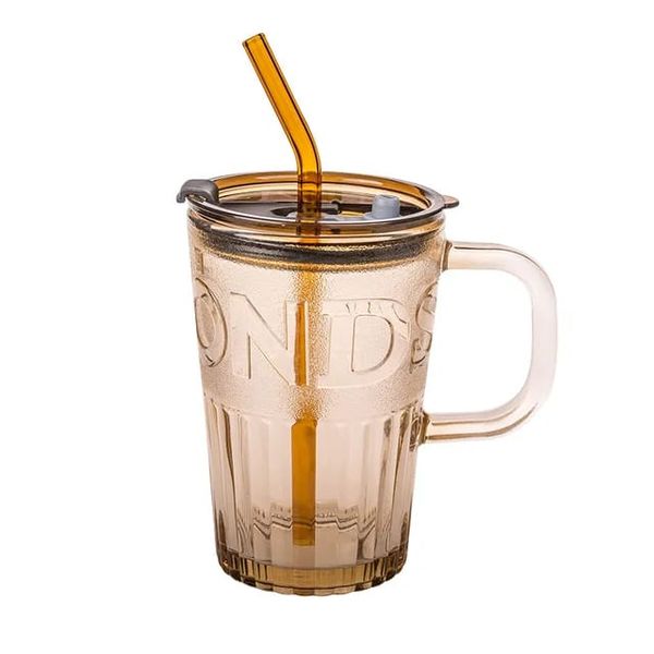 Transparent Colored Glass Cup with Handle Lid and Straw