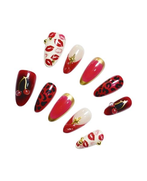 10 Piece - Mixed Design Press-On Nails With Gold Accents -Multicolour