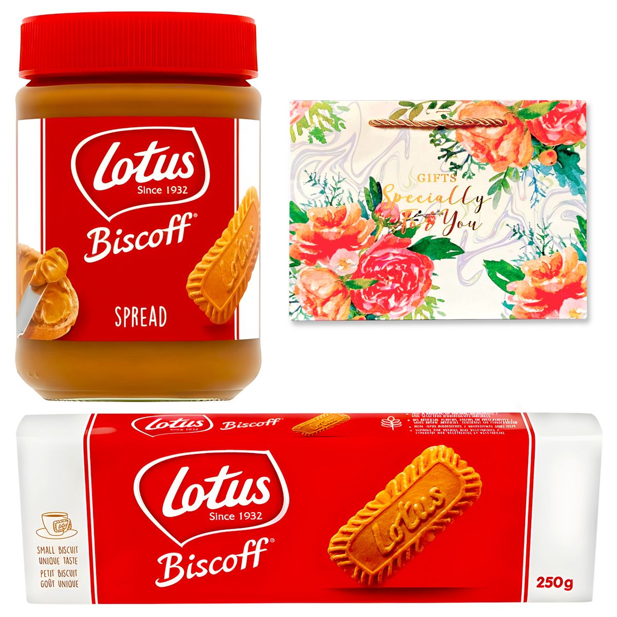 Lotus Biscoff Spread 400g + Lotus Biscuits 250g + Special For You Gift Bag Shop Today. Get it