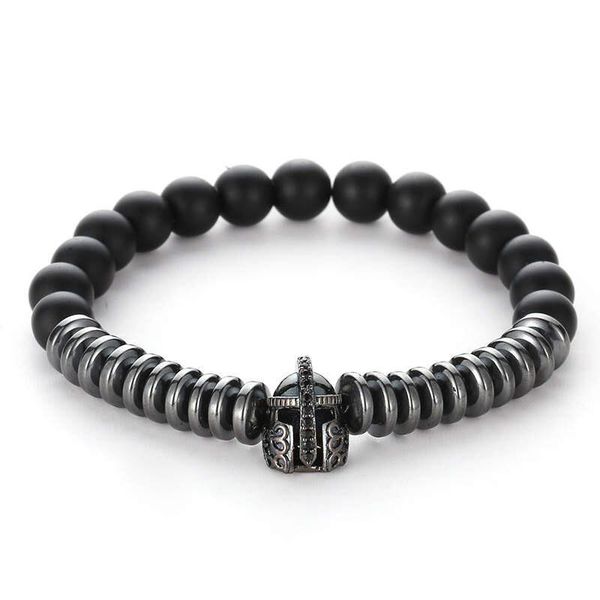Argent Craft Black Agate Stone &amp; Rings Bracelet With Silver Knight Helmet