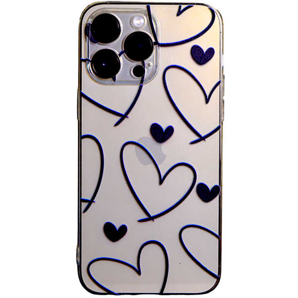 Clear - Phone Case - with Black Big &amp; Small Hearts - Iphone 14 Pro Max