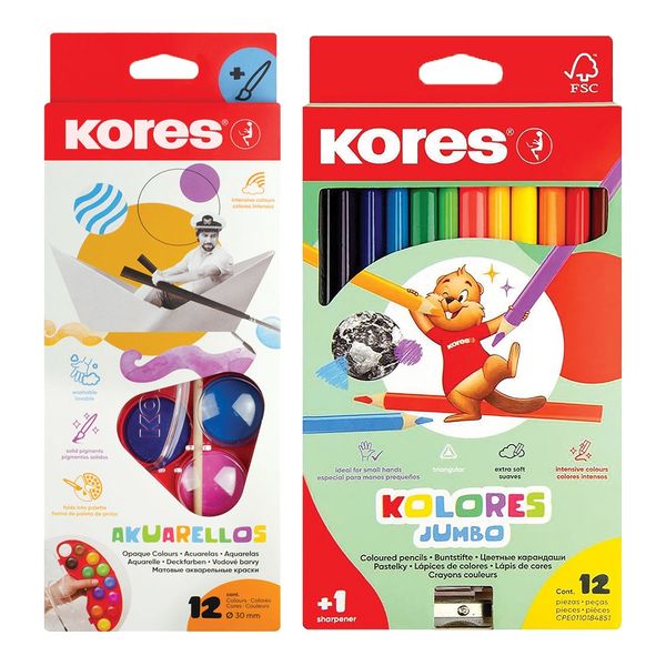 Kores Watercolour Paints and Jumbo Colour Pencil Bundle