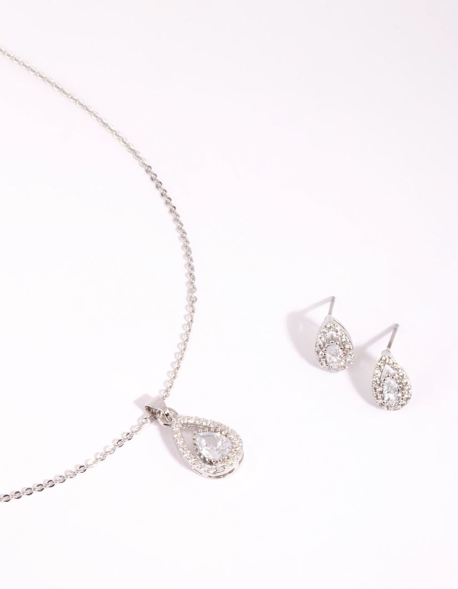 Silver Cubic Zirconia Teardrop Necklace and Earrings Set Shop Today