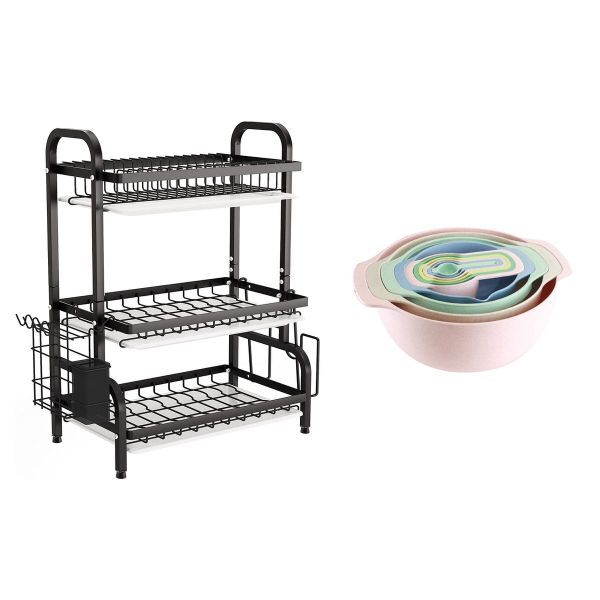 Triple Layer Drying Dish Rack with Mixing Bowls &amp; Measuring Baking Cups