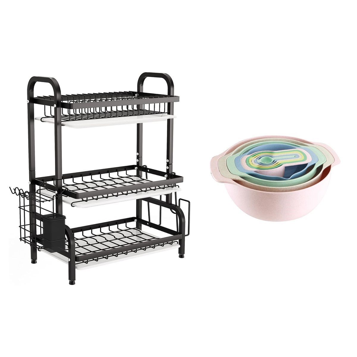 Triple Layer Drying Dish Rack with Mixing Bowls & Measuring Baking Cups