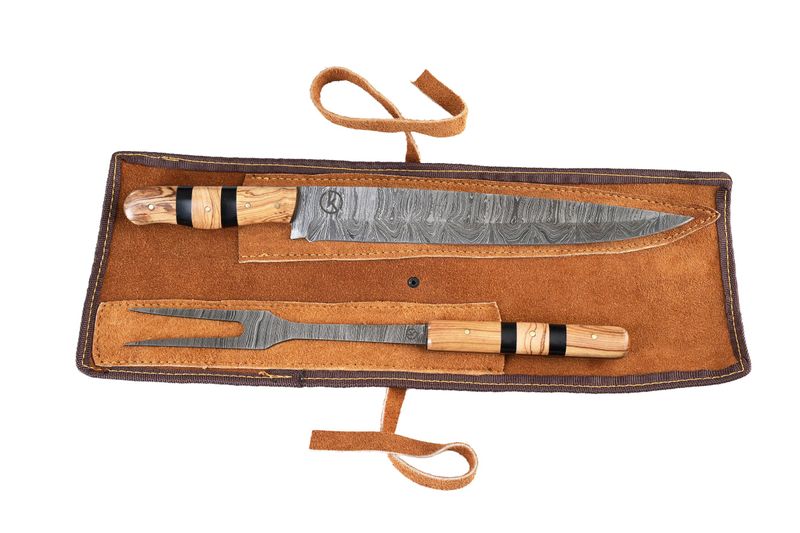 Koch Knives Carbon Damascus Carving Set with Olive Wood Handles - SCZ-702