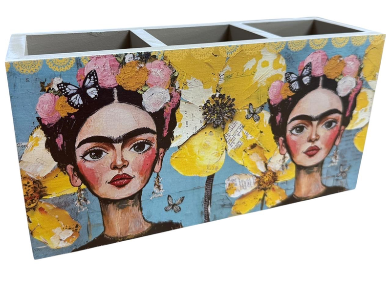 Cutlery/Stationary Holder - Yellow Flowers &amp; Ladies on Blue
