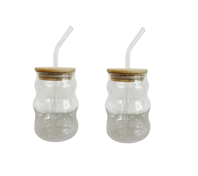 Transparent Ice-Coffee Glass With Bamboo Lid And Straw - Pack Of 2