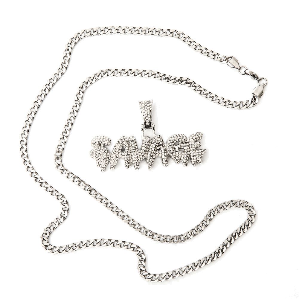 Savage Drip Iced out Silver Pendant with Cuban Link Chain - Gold | Shop ...