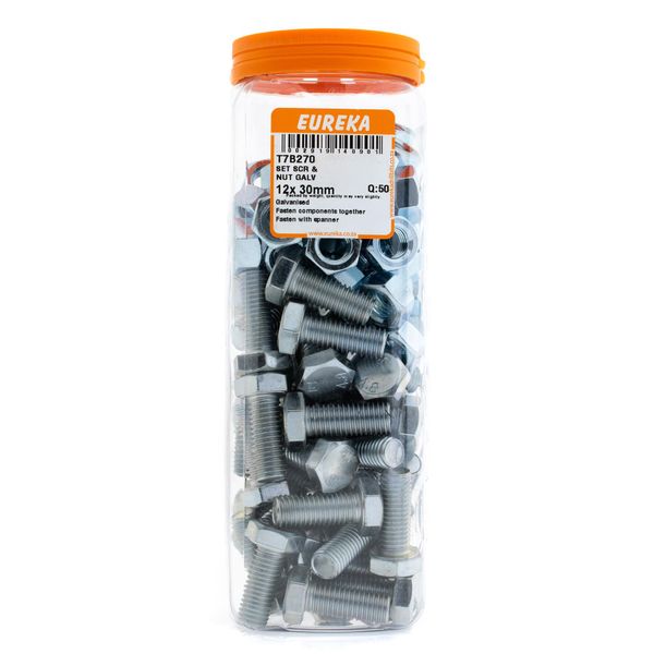 EUREKA Set Screw &amp; Nut Galvanised 12 x 30mm Q:50 T7B270