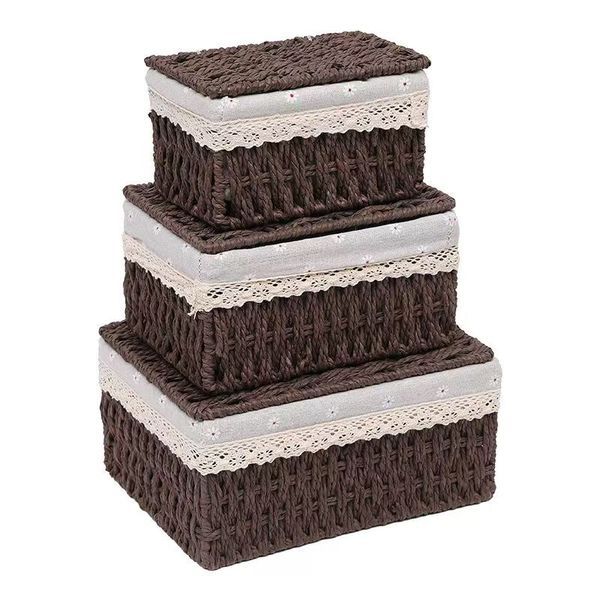 Cosmetic Storage Boxes with Lids Hand-Woven Brown , 3-Piece Set