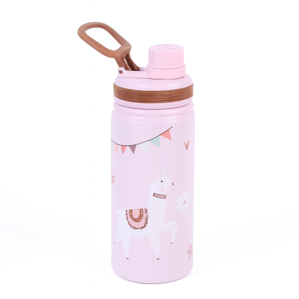 Kids Llama-Themed Water Bottle - Leakproof with Handle - Pink - 500ml