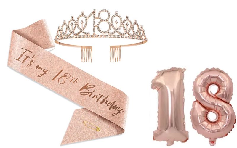18th Birthday Tiara, Sash and Number Balloons - Rose Gold