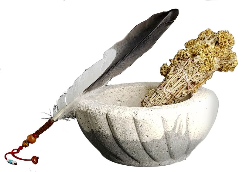Cement Smudge Bowl and Imphepo Smudge Wand -Heron Smoke Feather Fan - Grey