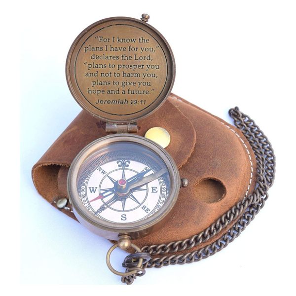 Compass Gift for Men, Vintage Bronze Pocket Compass with Leather Case